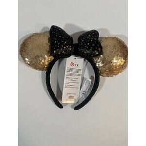 Disneyland Paris Minnie Mouse Ears Headband Gold Sequin Black Star Bow NWT